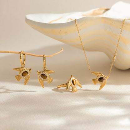 18K Gold Free Spirit Tiger Eye Bird Ring