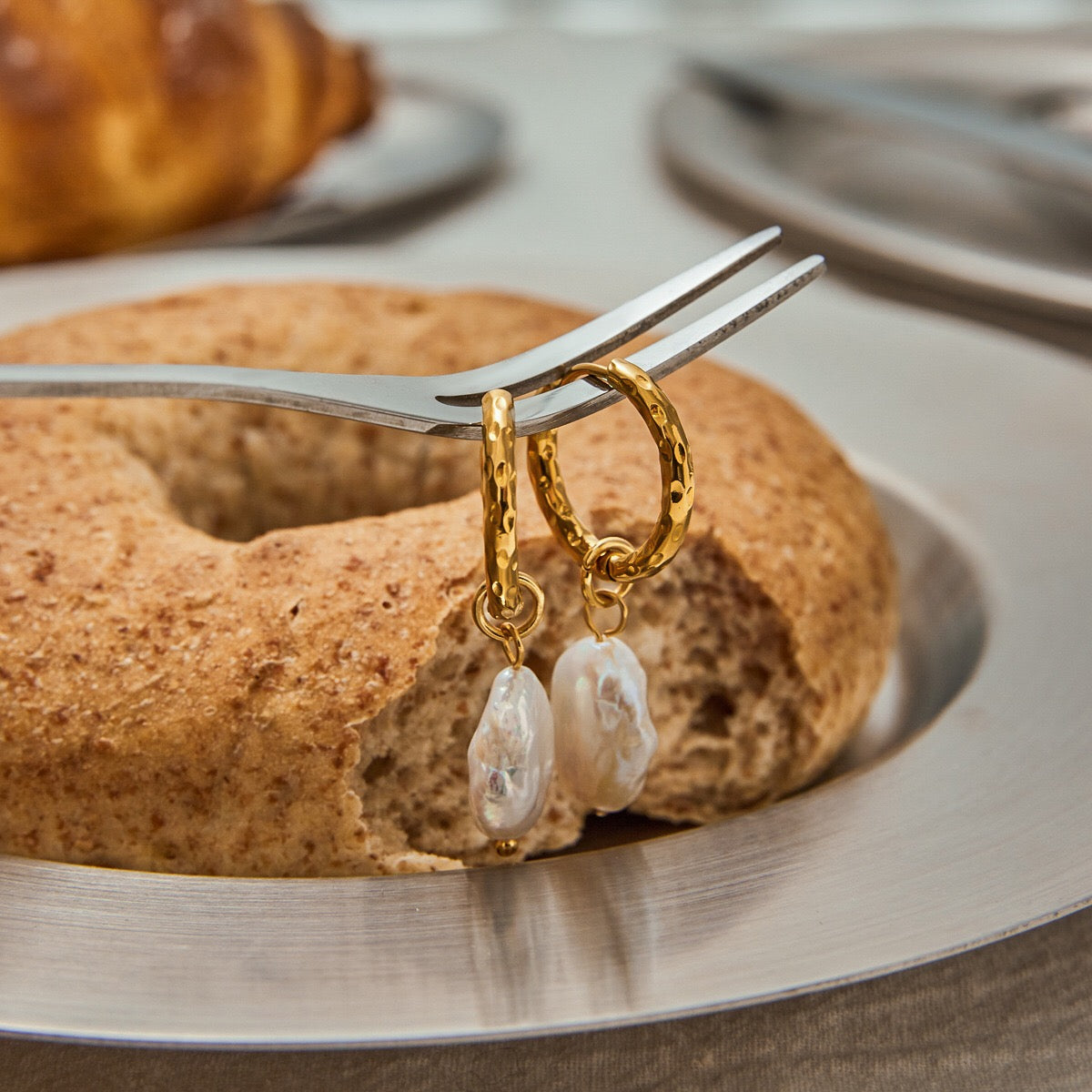 18K Gold Moonlit Elegant Pearl Huggie Earrings Ear Cuffs Studs Set