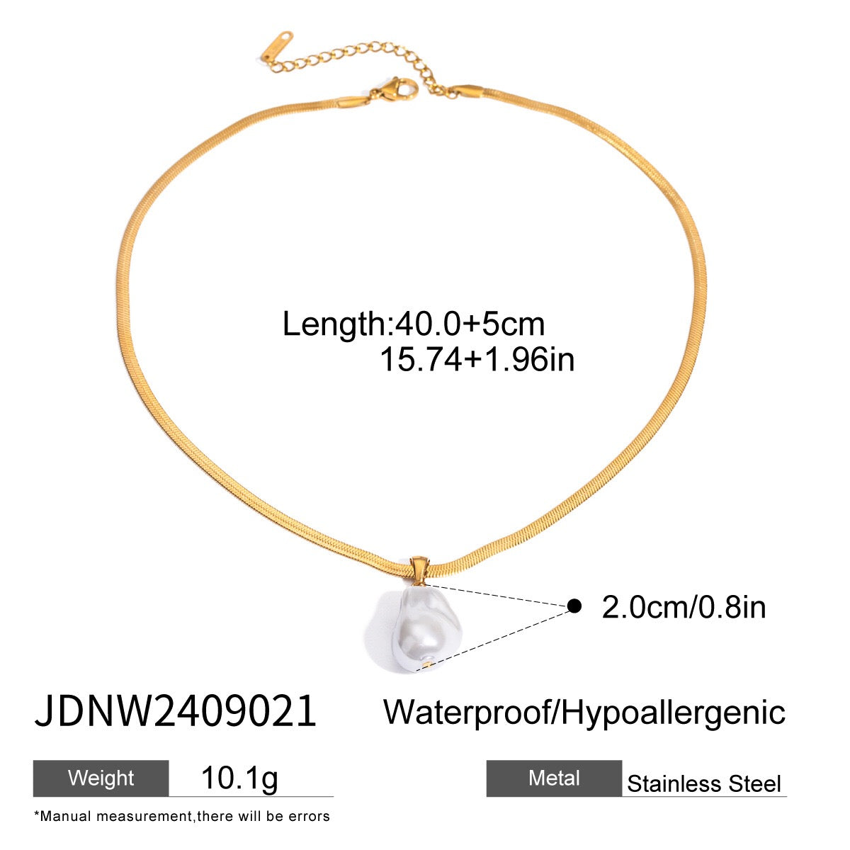 18K Gold Pearl Pendant Herringbone Chain Statement Necklace
