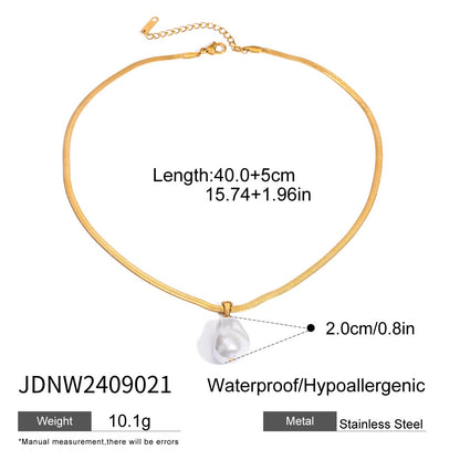 18K Gold Pearl Pendant Herringbone Chain Statement Necklace