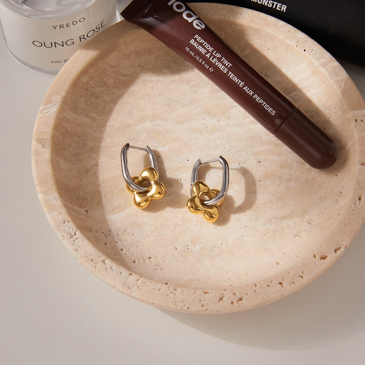 18K Gold and Silver Two Tone Flower Small Hoop Dangle Huggie Earrings