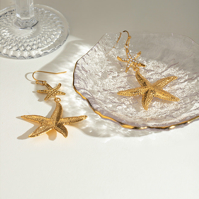 18K Gold Bling Starfish Drop Dangle Statement Earrings