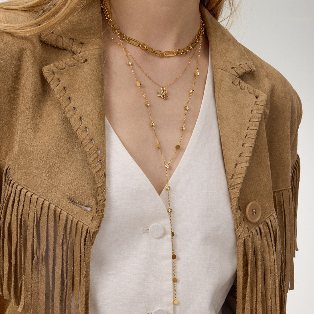 18K Gold Enchanted Garden Pave Dragonfly Ladybug Flower Dainty Pendant Necklace