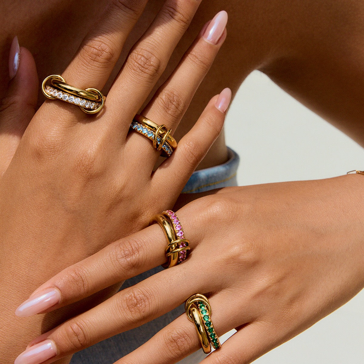 18K Gold Double Link Connected Stacking Pave Ring