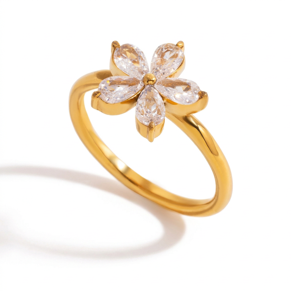 18K Gold Flirt Alert Flower Heart Statement CZ Stacking Ring