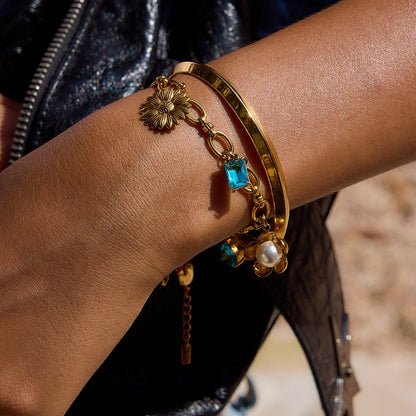 18K Gold Ocean Blue Charm Bracelet Sleek Bangle Stack