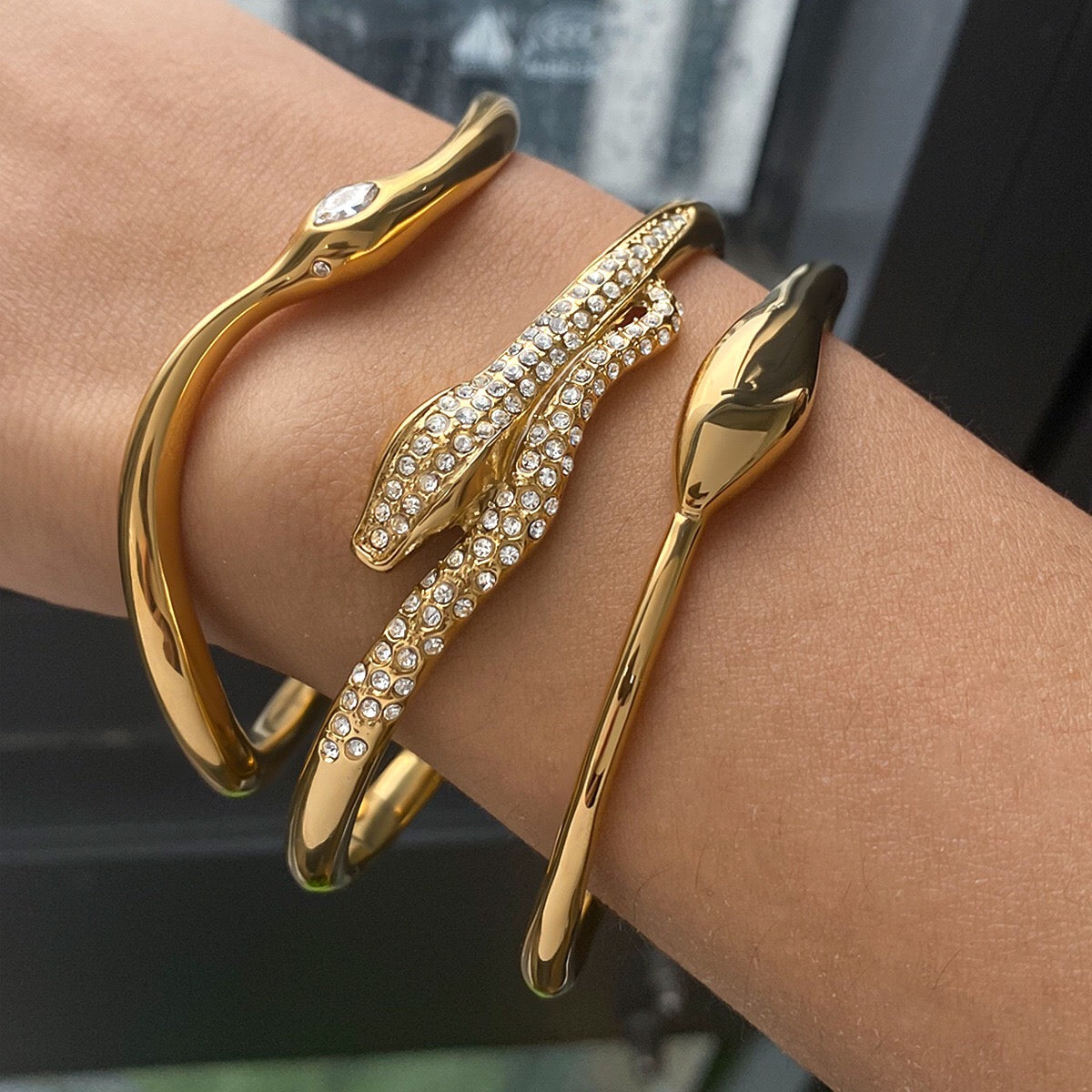 18K Gold Serpent Seduction Statement Bangle Bracelet Stack