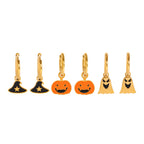 18K Gold Halloween Pumpkin Skull Small Hoop Huggie Earrings with Charm