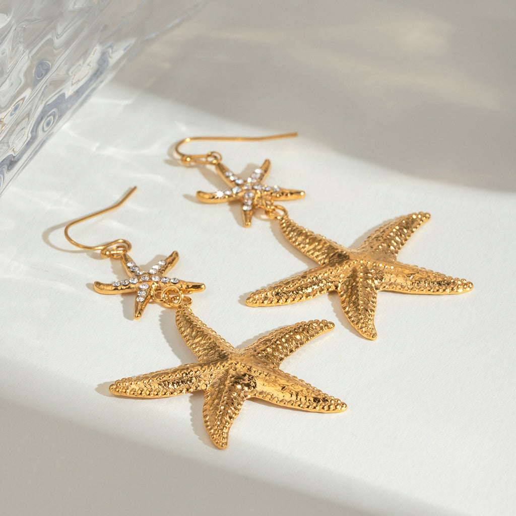 18K Gold Bling Starfish Drop Dangle Statement Earrings