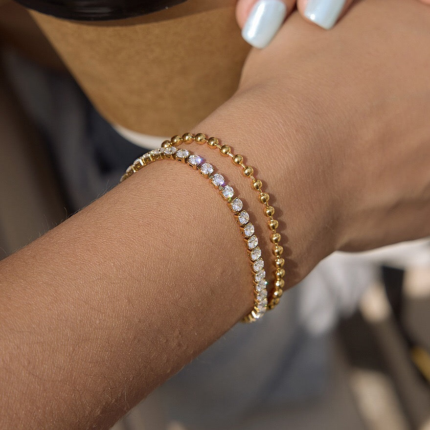 18K Gold The Pairing Simple Tennis Beaded Double Chain Dainty Bracelet Stacks