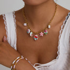 18K Gold Flower Blossom Ceramic Circle Chain Charm Necklace