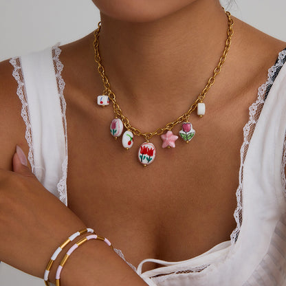 18K Gold Flower Blossom Ceramic Circle Chain Charm Necklace