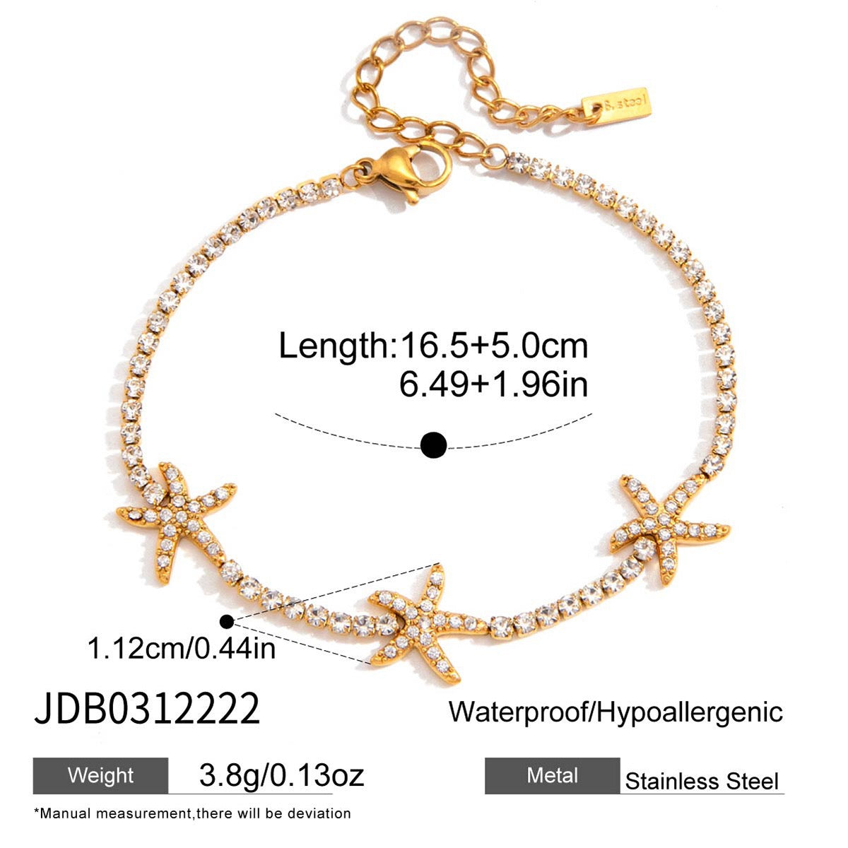18K Gold Starfall by the Sea Pave Starfish Dainty Tennis Chain Bracelet