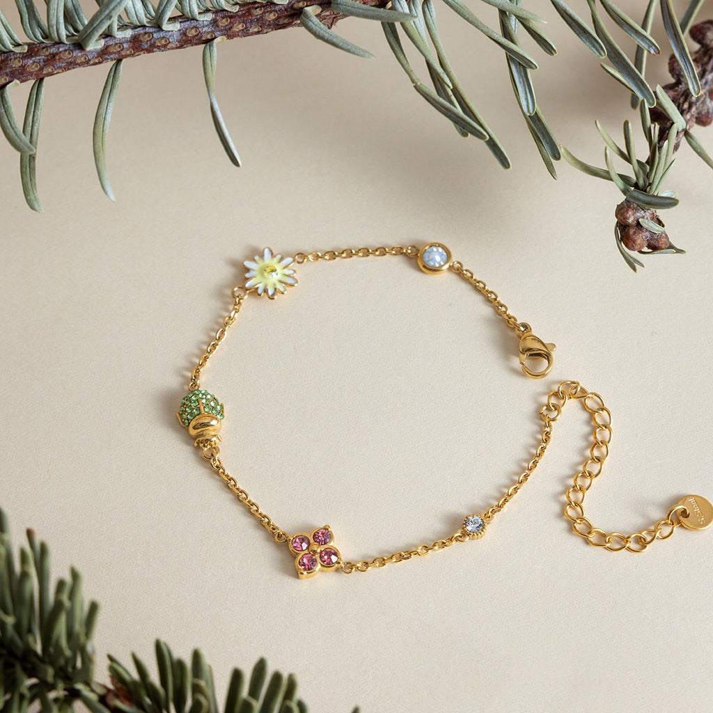 18K Gold Enchanted Garden Flower Dragonfly Butterfly Dainty Bracelet