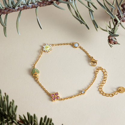 18K Gold Enchanted Garden Flower Dragonfly Butterfly Dainty Bracelet