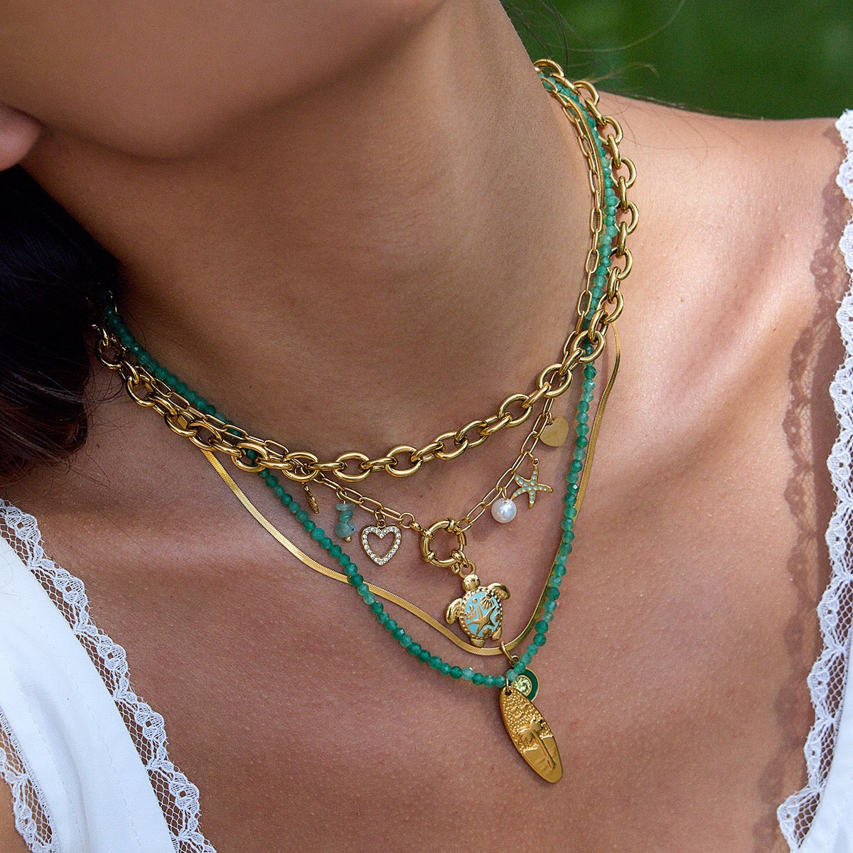 18K Gold Fresh Breeze Green Beaded Pendant Charm Layered Necklace Set