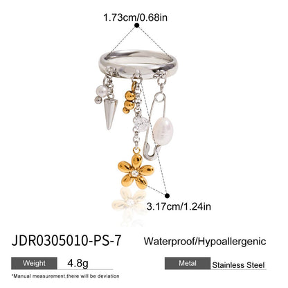 18K Gold Butterfly Safety Pin Tassle Charm Ring
