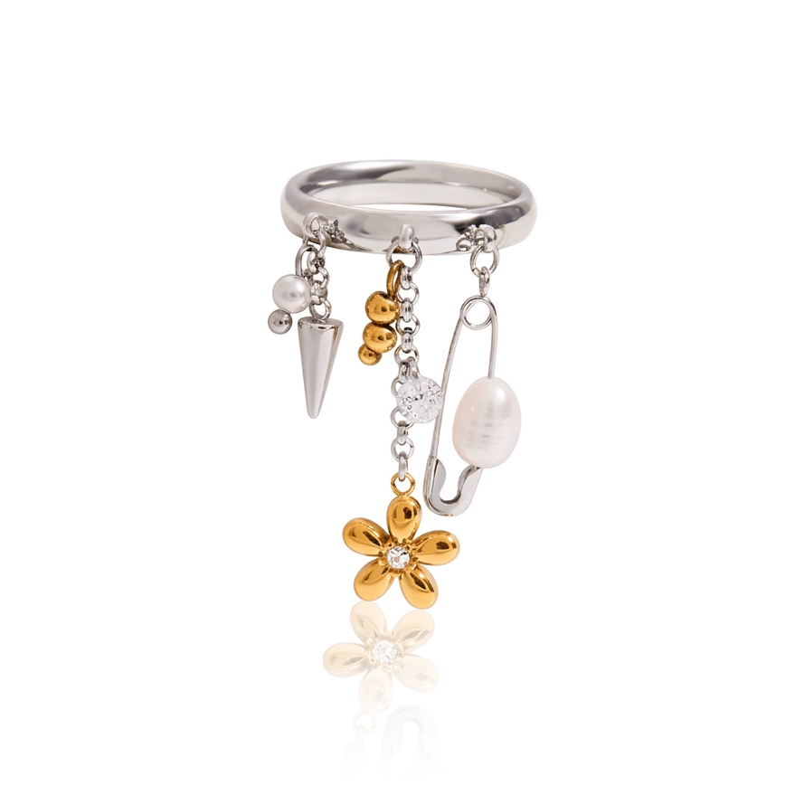 18K Gold Butterfly Safety Pin Tassle Charm Ring