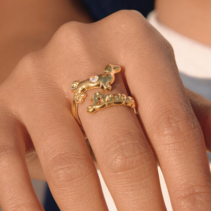 18K Gold Paws and Purrs Pave Cat and Dog Cuff Ring
