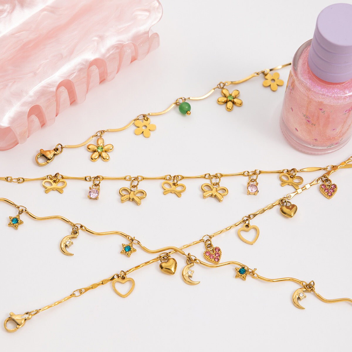 18K Gold Flirt Flower Bow Heart Charm Chain Bracelet Stack