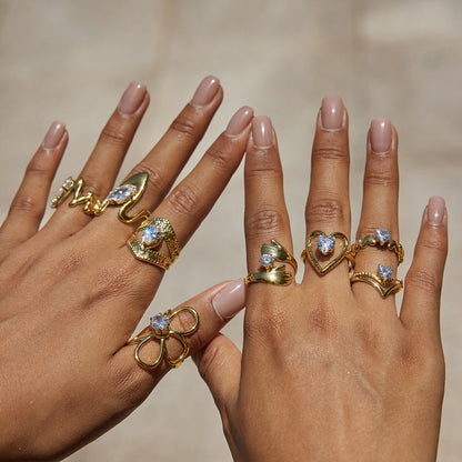 18K Gold Daily Glam Flower Heart CZ Statement Rings Set