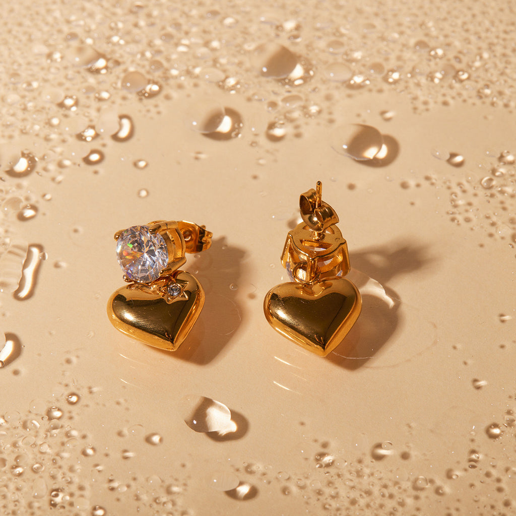 18K Gold Flirting Heart Drop Dangle CZ Earrings