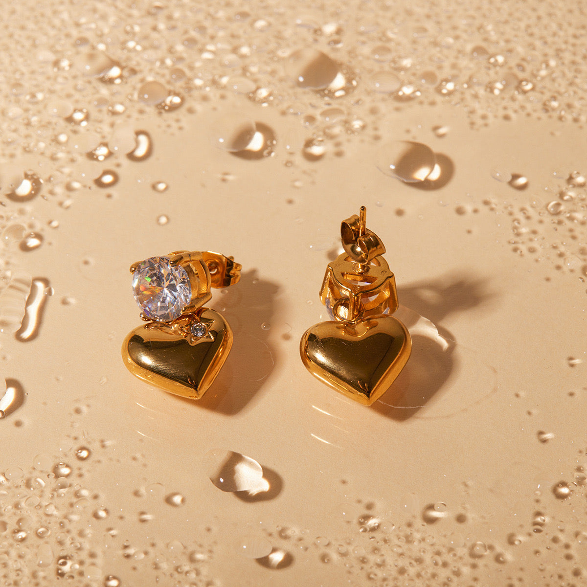 18K Gold Flirting Heart Drop Dangle CZ Earrings