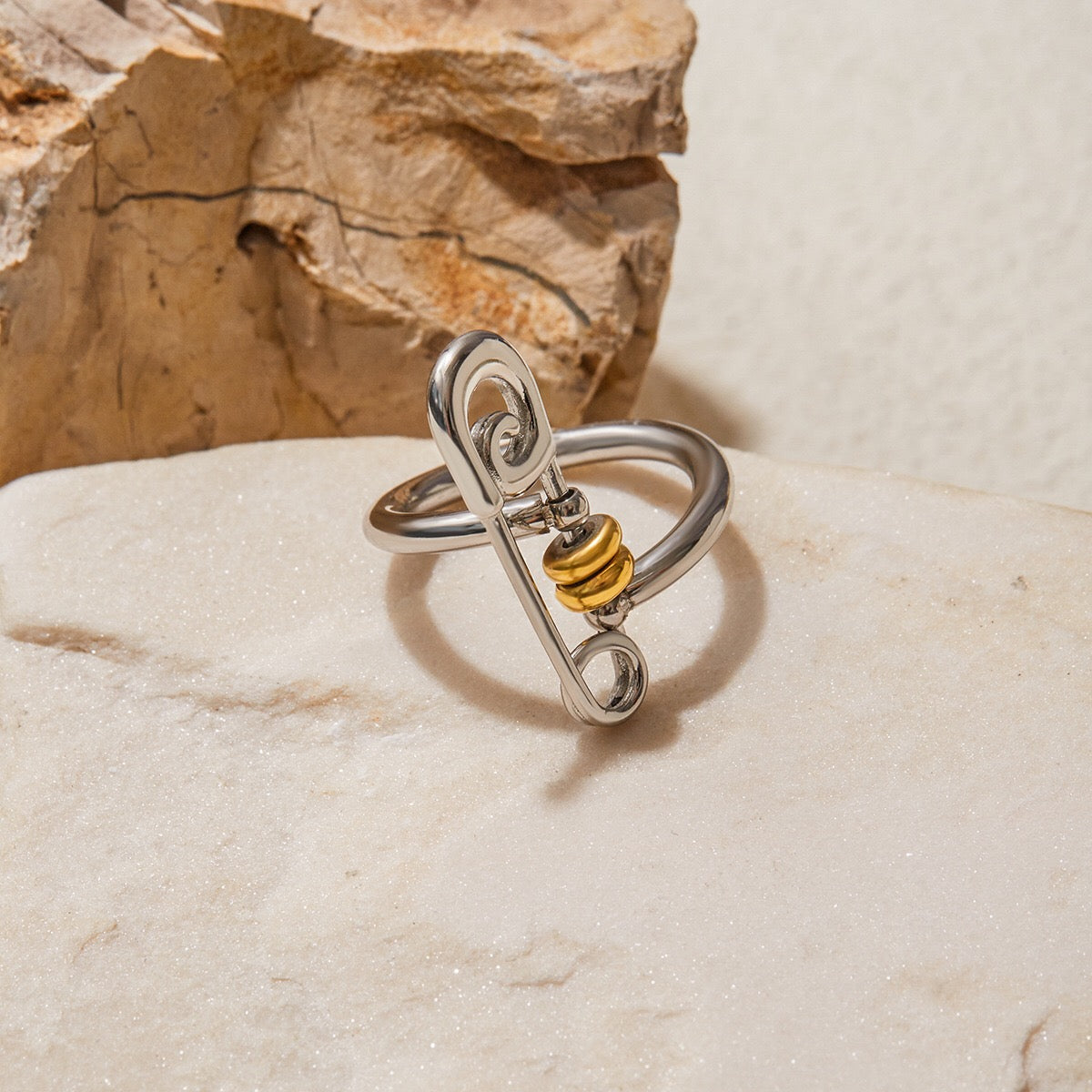 18K Gold and Silver Two Tone Safety Pin Statement Ring