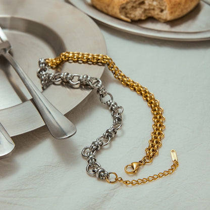 18K Gold and Silver Two Tone Circle Chunky Chain Layered Necklace Set