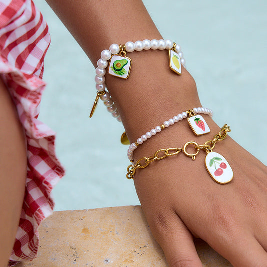 18K Gold Tropical Fruit Charm Pearl Chain Bracelet Stack