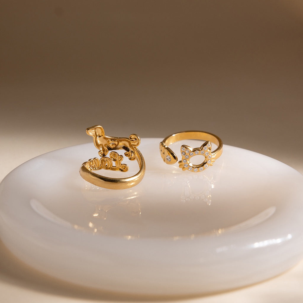 18K Gold Paws and Purrs Pave Cat and Dog Cuff Ring