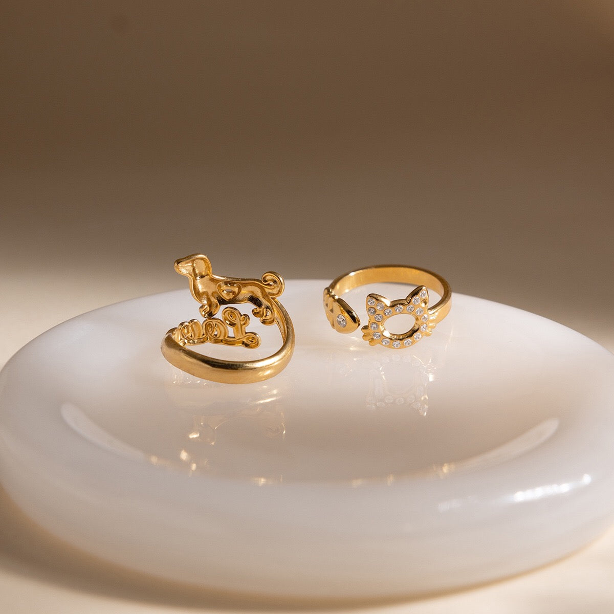 18K Gold Paws and Purrs Pave Cat and Dog Cuff Ring
