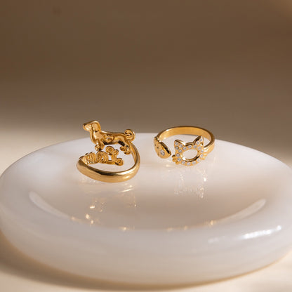 18K Gold Paws and Purrs Pave Cat and Dog Cuff Ring