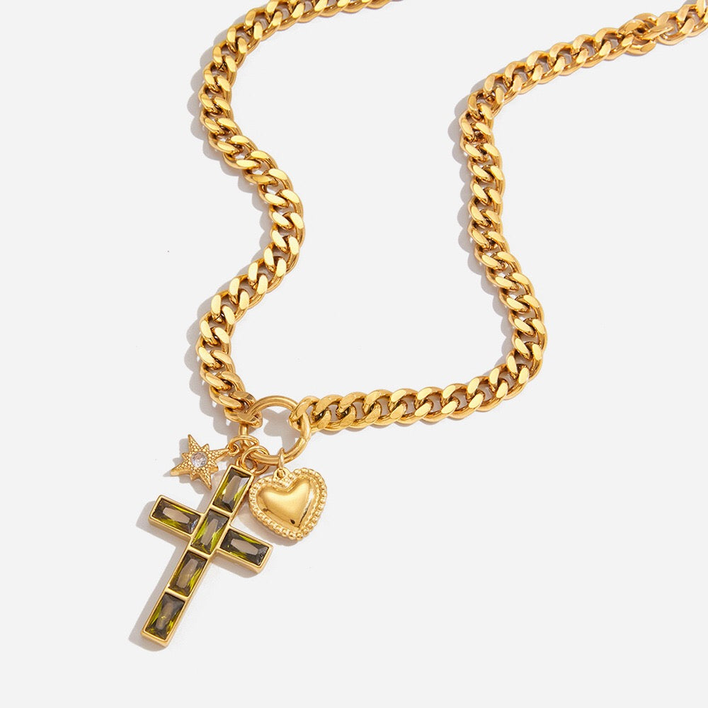 18K Gold Faith Divine Cross Heart Starburst Charm Cuban Link Chain Necklace