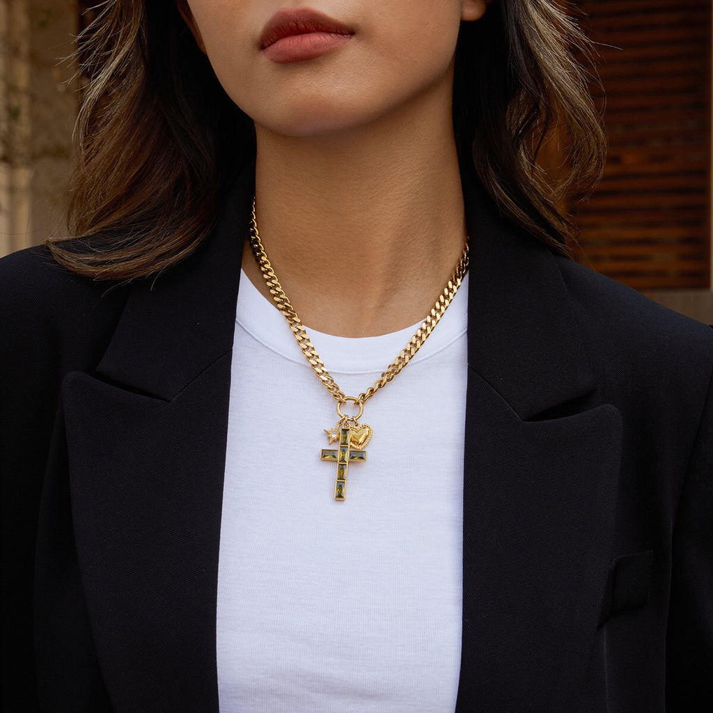 18K Gold Faith Divine Cross Heart Starburst Charm Cuban Link Chain Necklace