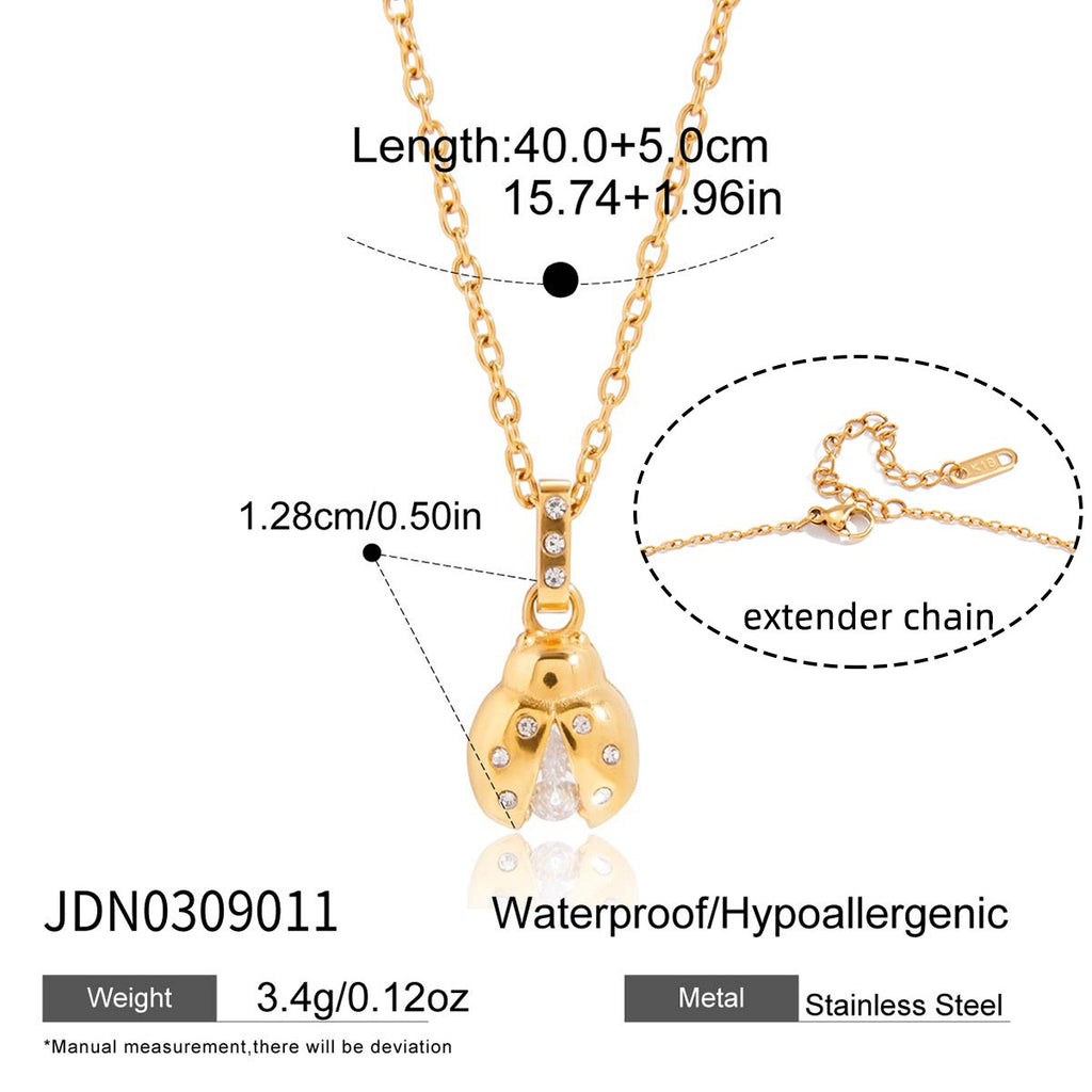 18K Gold Enchanted Garden Pave Dragonfly Ladybug Flower Dainty Pendant Necklace