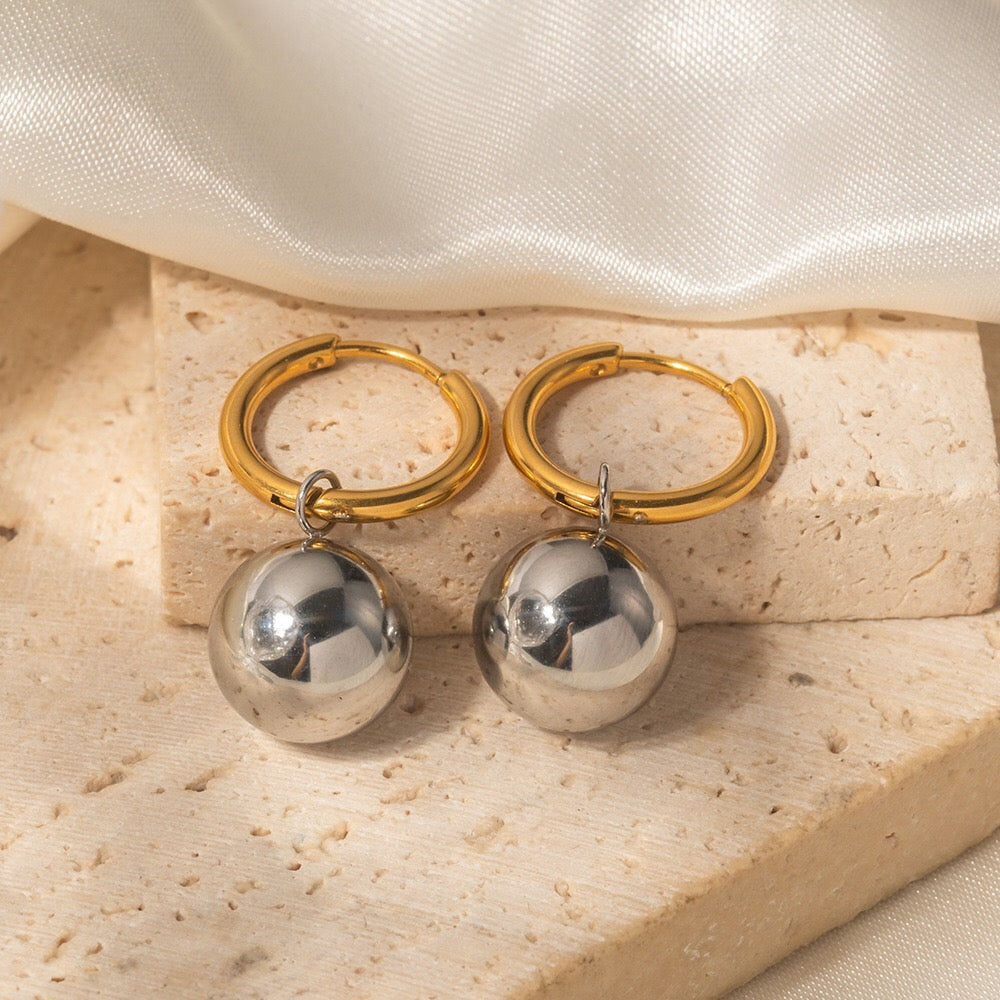 18K Gold Chic Ball Dangle Small Hoop Huggie Earrings