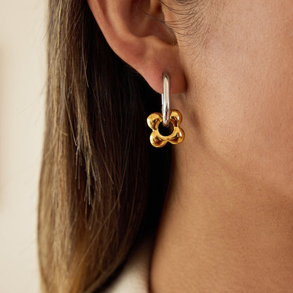 18K Gold and Silver Two Tone Flower Small Hoop Dangle Huggie Earrings