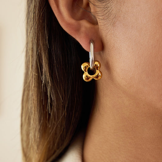 18K Gold and Silver Two Tone Flower Small Hoop Dangle Huggie Earrings