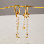 18K Gold Celestial Sun Moon and Star Drop Dangle Huggie Earrings