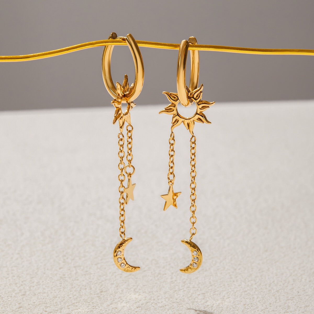 18K Gold Celestial Sun Moon and Star Drop Dangle Huggie Earrings
