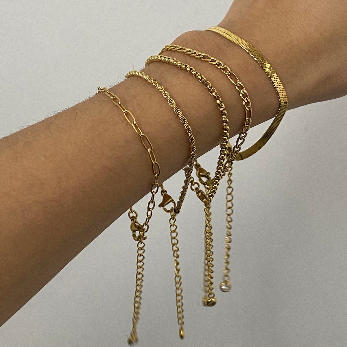 18K Gold Essential Dainty Paperclip Rope Herringbone Snake Chain Bracelet Stacks