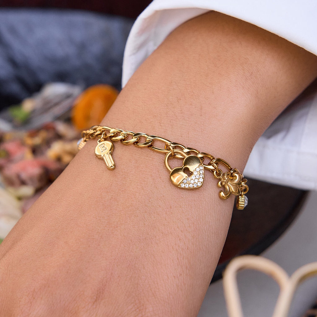 18K Gold Secret Lover Heart Lock and Key Charm Chunky Chain Bracelet