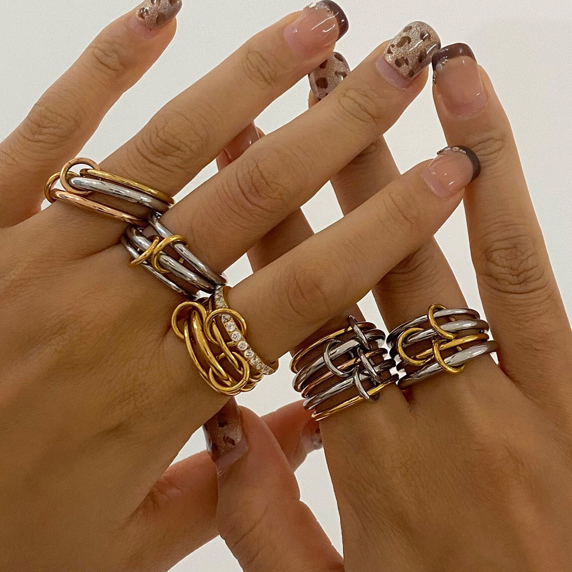 18K Gold and Silver Two Tone Connected Multi Layers Spinelli Trinity Stacking Rings
