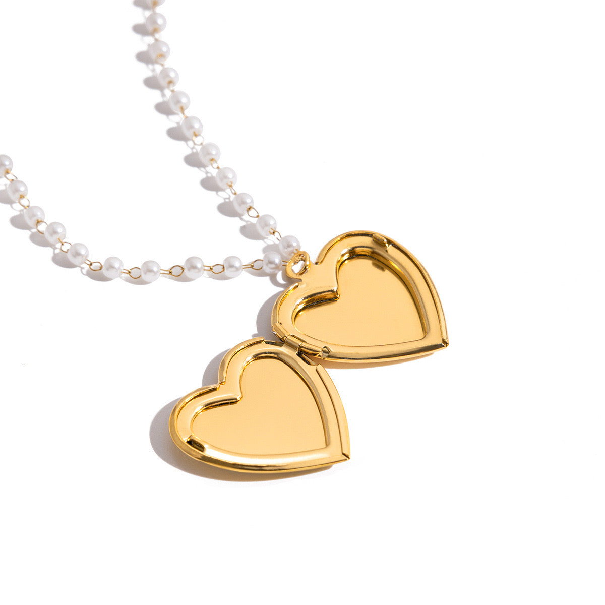 18K Gold Flower Heart Locket Pendant Pearl Chain Necklace