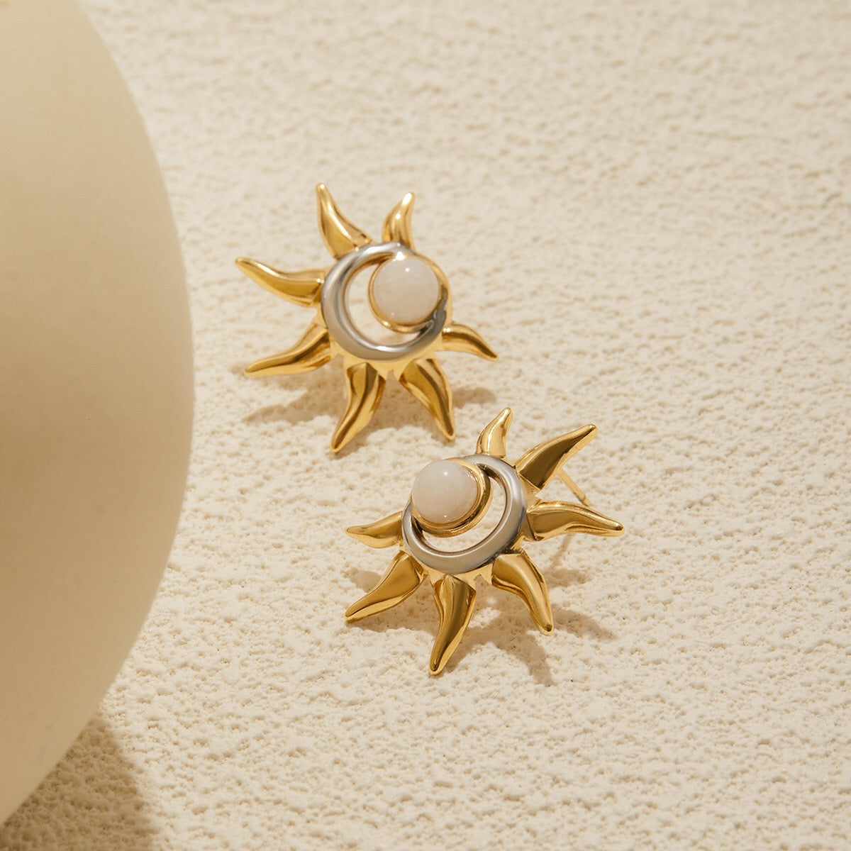 18K Gold and Silver Two Tone Eclipse Opal Sun and Moon Stud Earrings