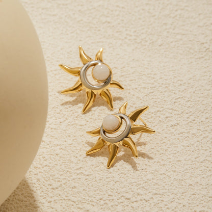 18K Gold and Silver Two Tone Eclipse Opal Sun and Moon Stud Earrings