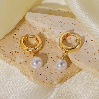 18K Gold Pearl Small Hoop Huggie Earrings