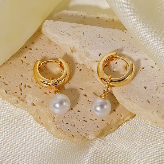 18K Gold Pearl Small Hoop Huggie Earrings