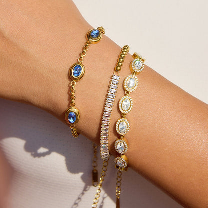 18K Gold Blue Dynasty Bezel Tennis Chain Bracelet Stacks